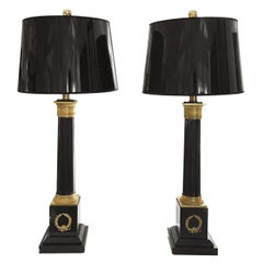 20th Century Black French Pair of Large Marble, Gilded Bronze Table Lamps