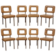 Set of Eight Leather and Metal Dining Chairs in the Style of Pierre Paulin