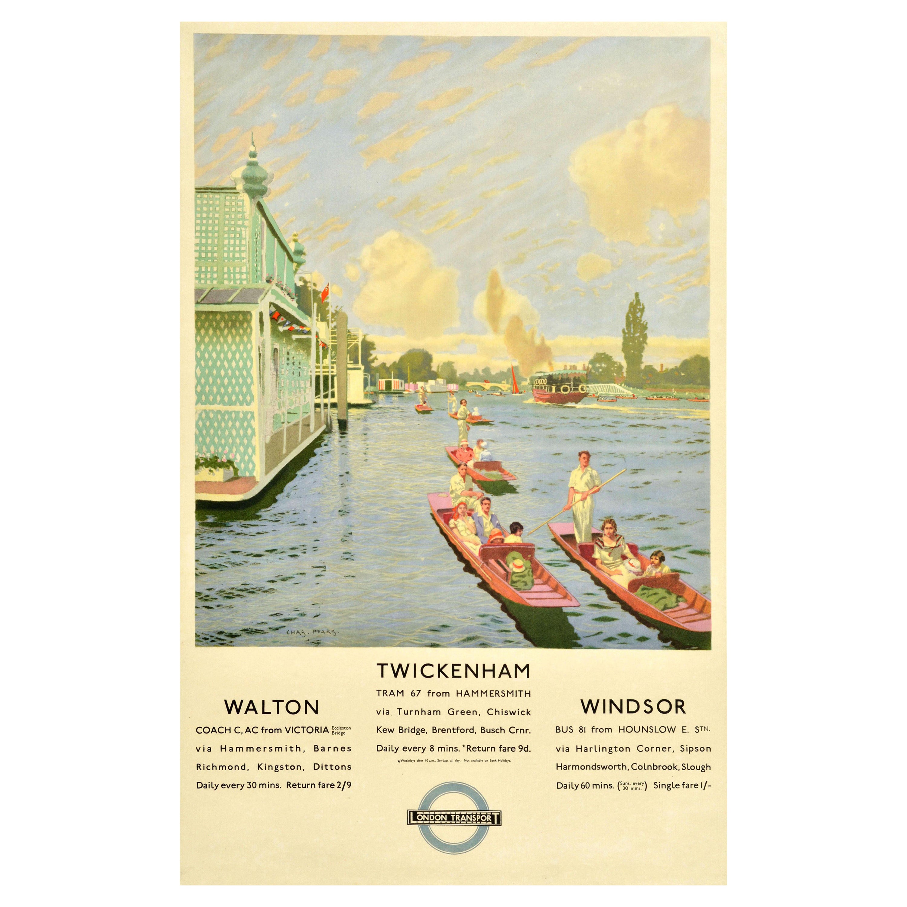 Affiche de voyage vintage originale de Londres sur les transports, Twickenham Walton Windsor Poires