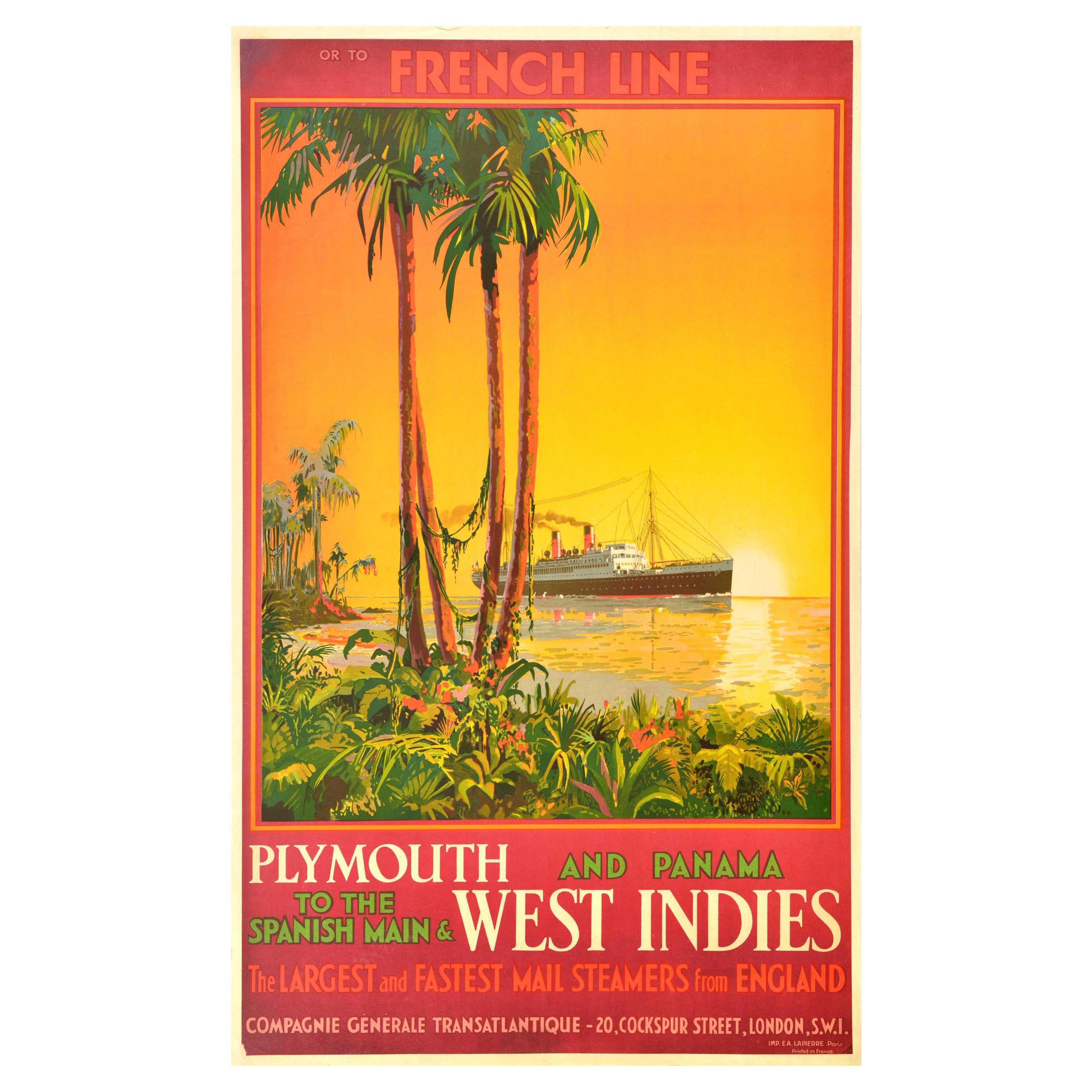 Affiche de voyage vintage d'origine French Line Ocean Cruise Plymouth Panama, Espagne 