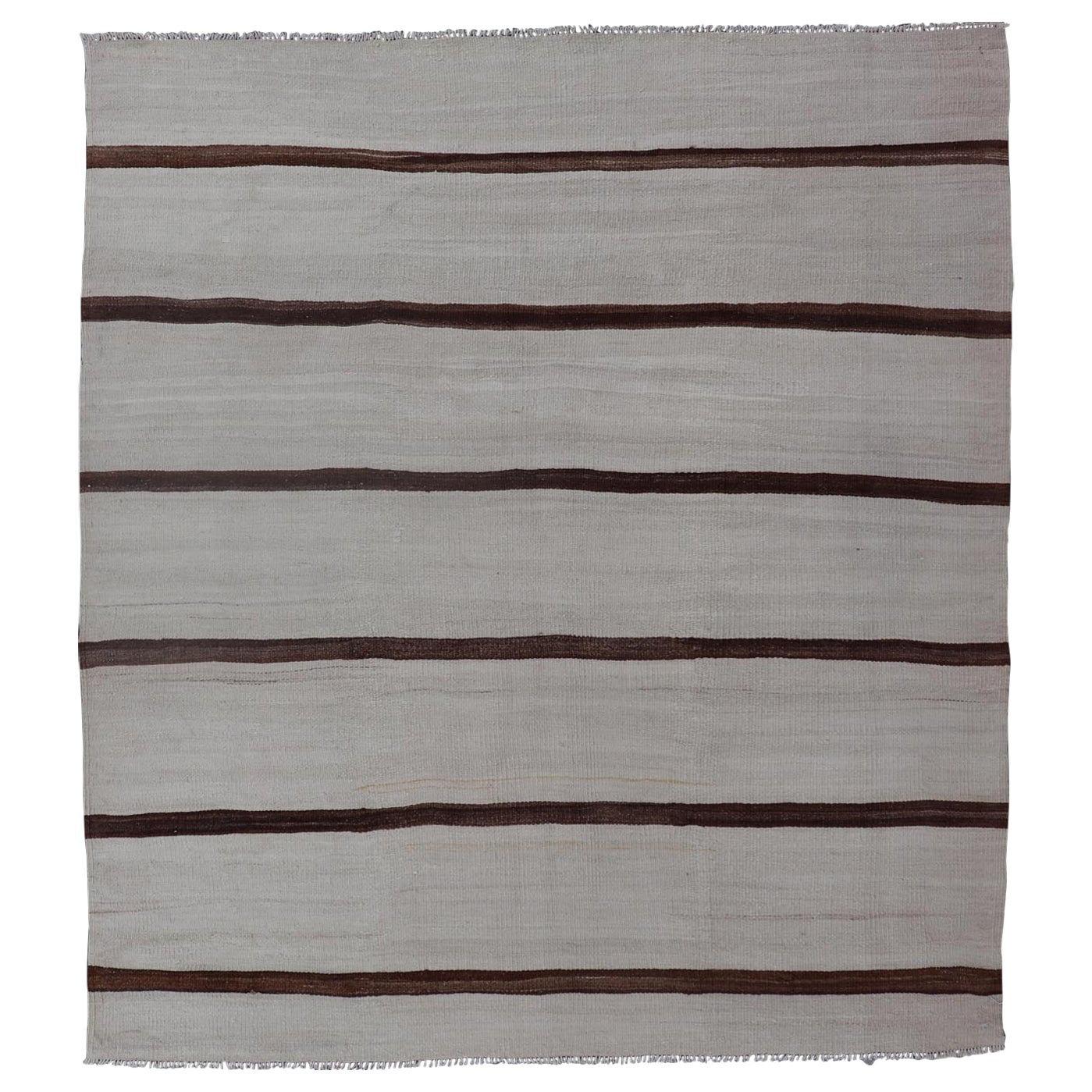 Turkish Vintage Kilim in Shades of Brown and Ivory with Stripe Design