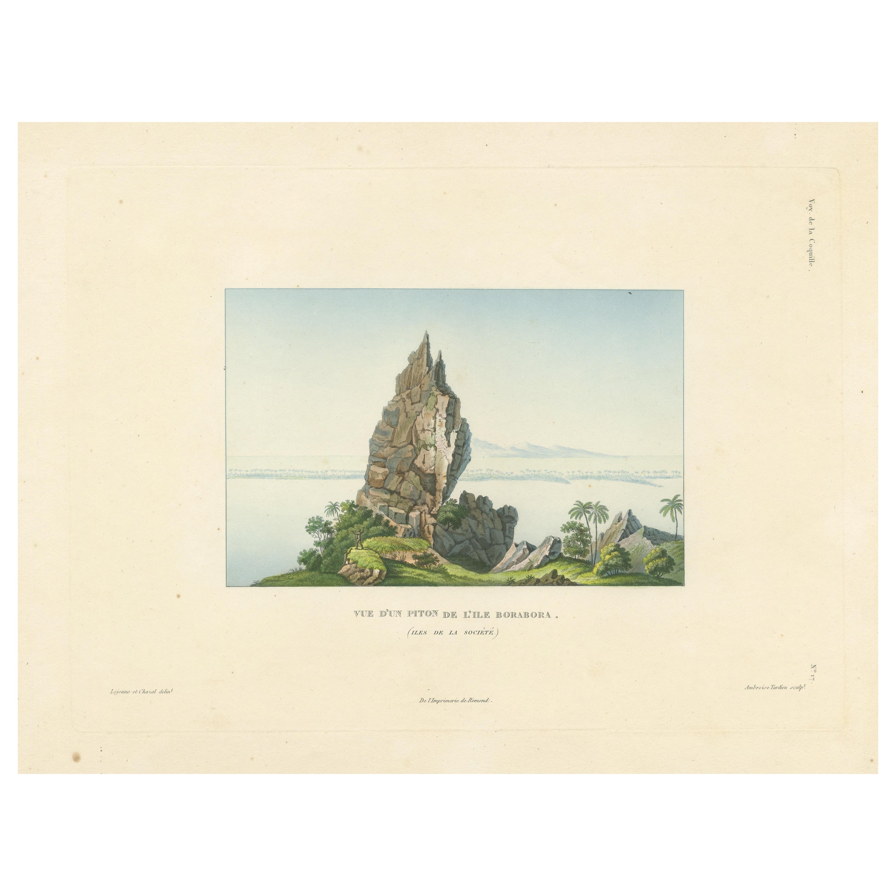 Antique Print of a Peak on Bora Bora Island, Society Islands