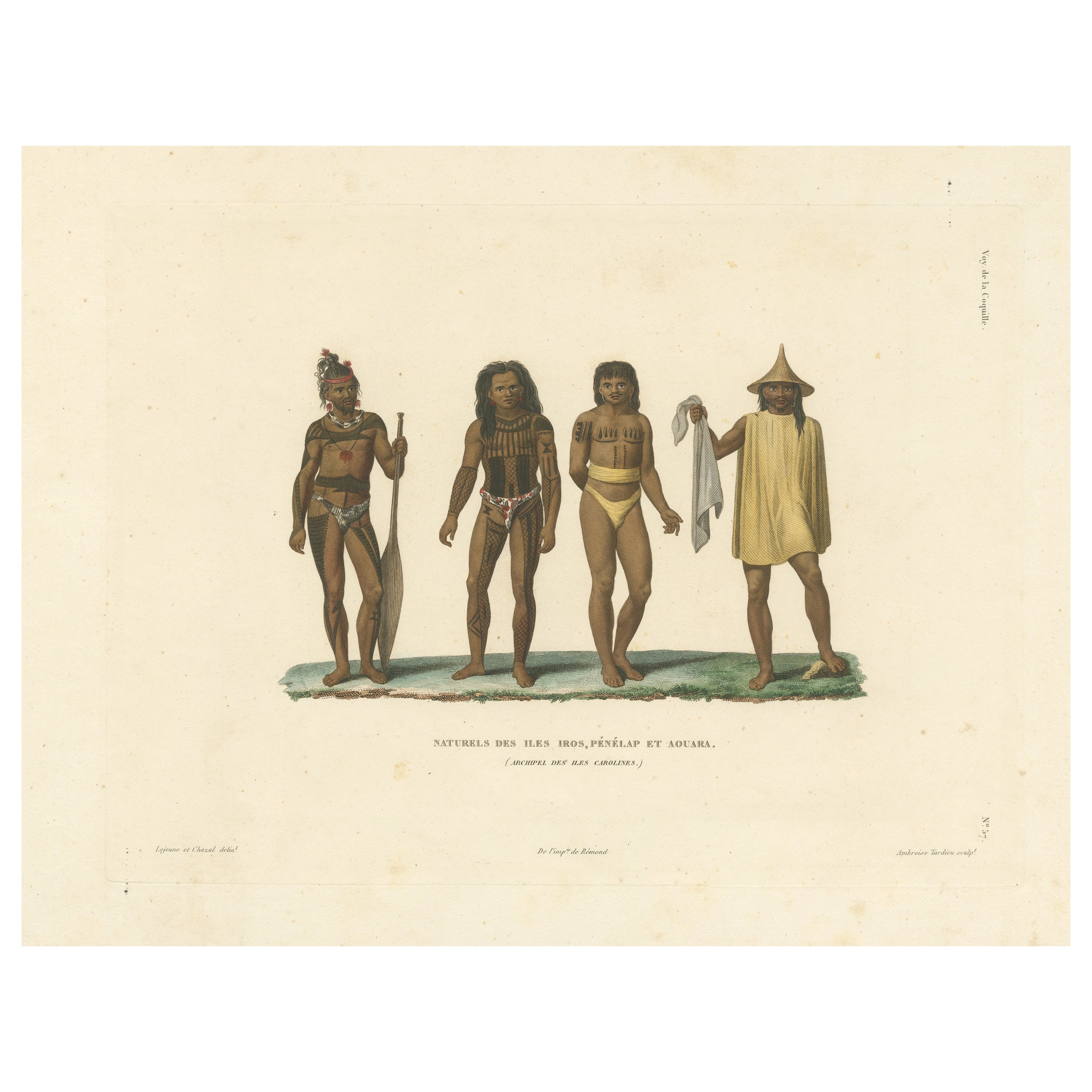 Antiker Druck von Männern aus den Caroline-Inseln, Mikronesia