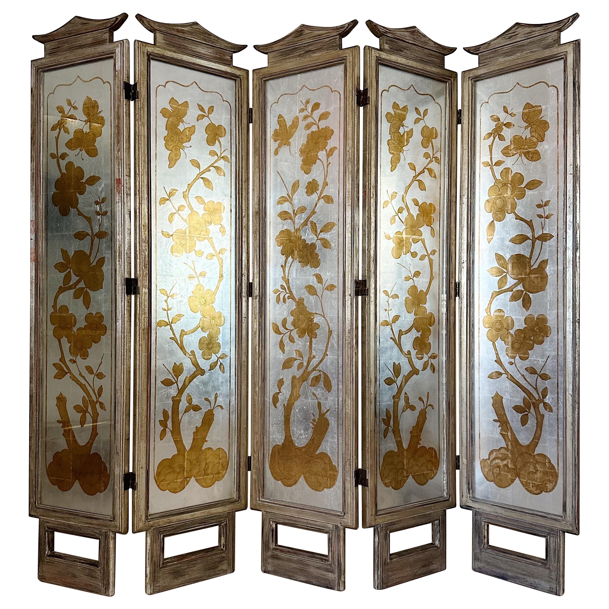 Stunning James Mont Five-Panel Eglomise Room Divider Screen From the 1950s For Sale