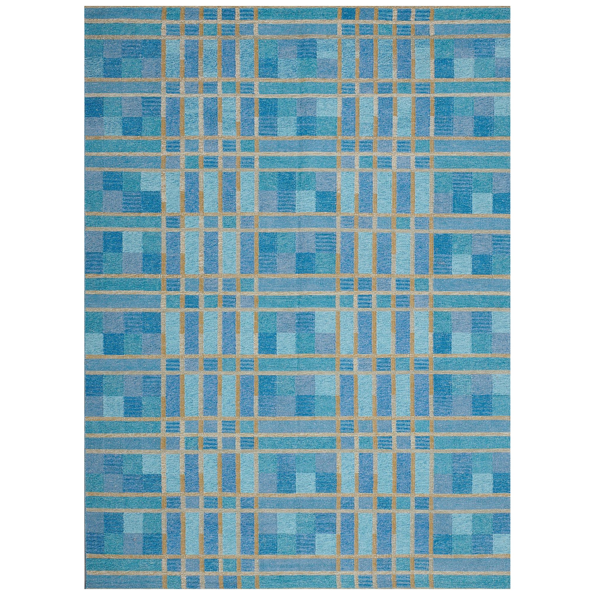 Blue Handwoven Swedish-Inspired Flatweave Wool Rug For Sale