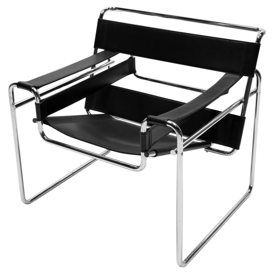 "Wassily" Club Chairs  B3 Designed by Marcel Breuer Set of Two Chrome & Leather For Sale