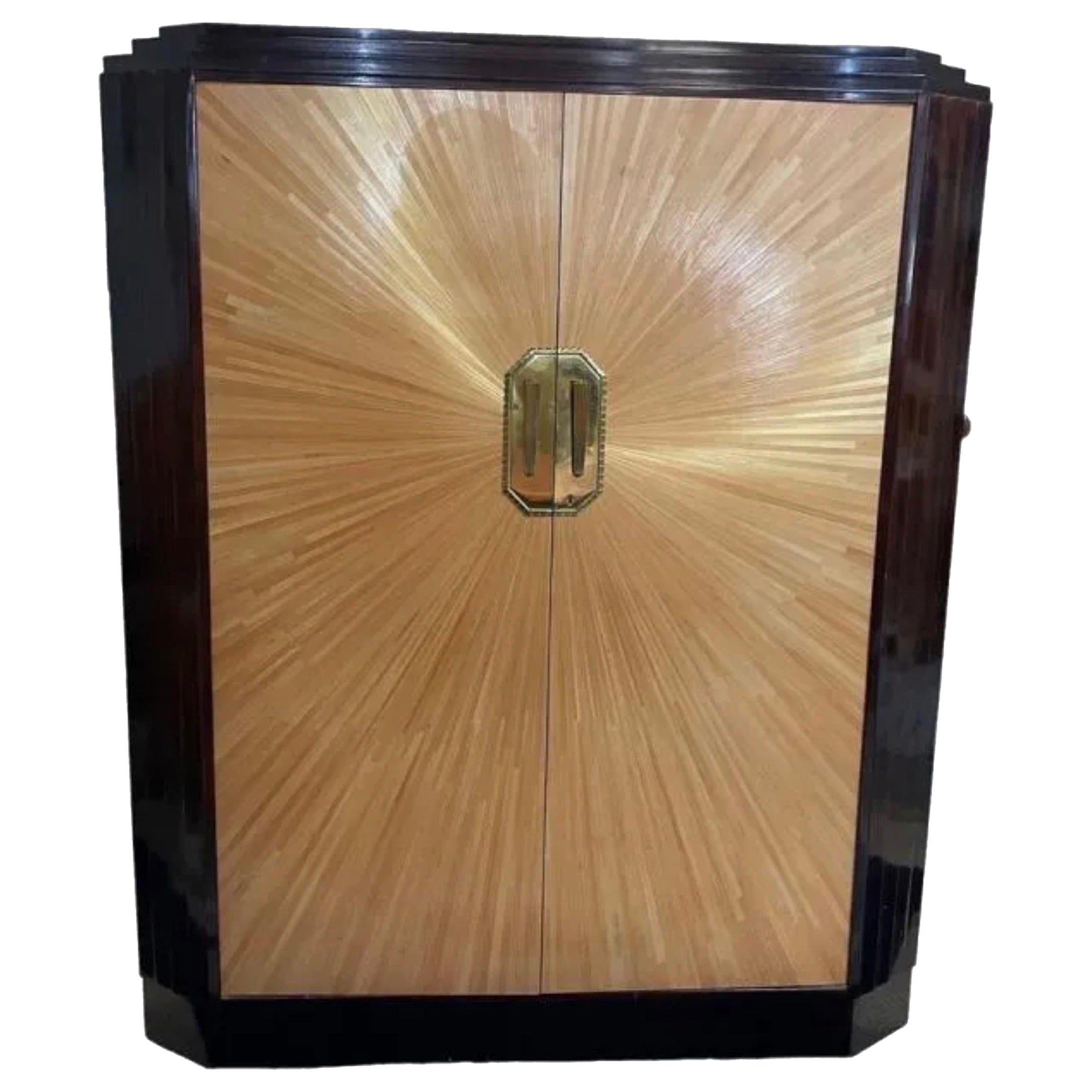 French Art Déco Sunburst Marquetry Dry Bar Cabinet For Sale
