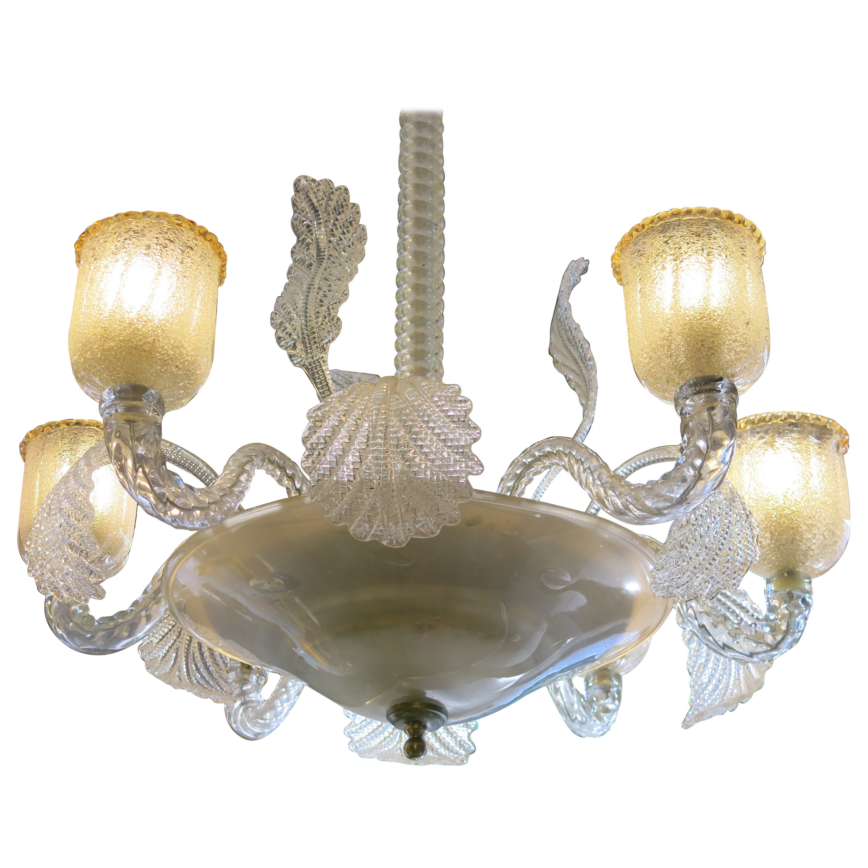 Vintage Six Light Murano Glass Chandelier in Clear and Gold Lampshades, 1960s