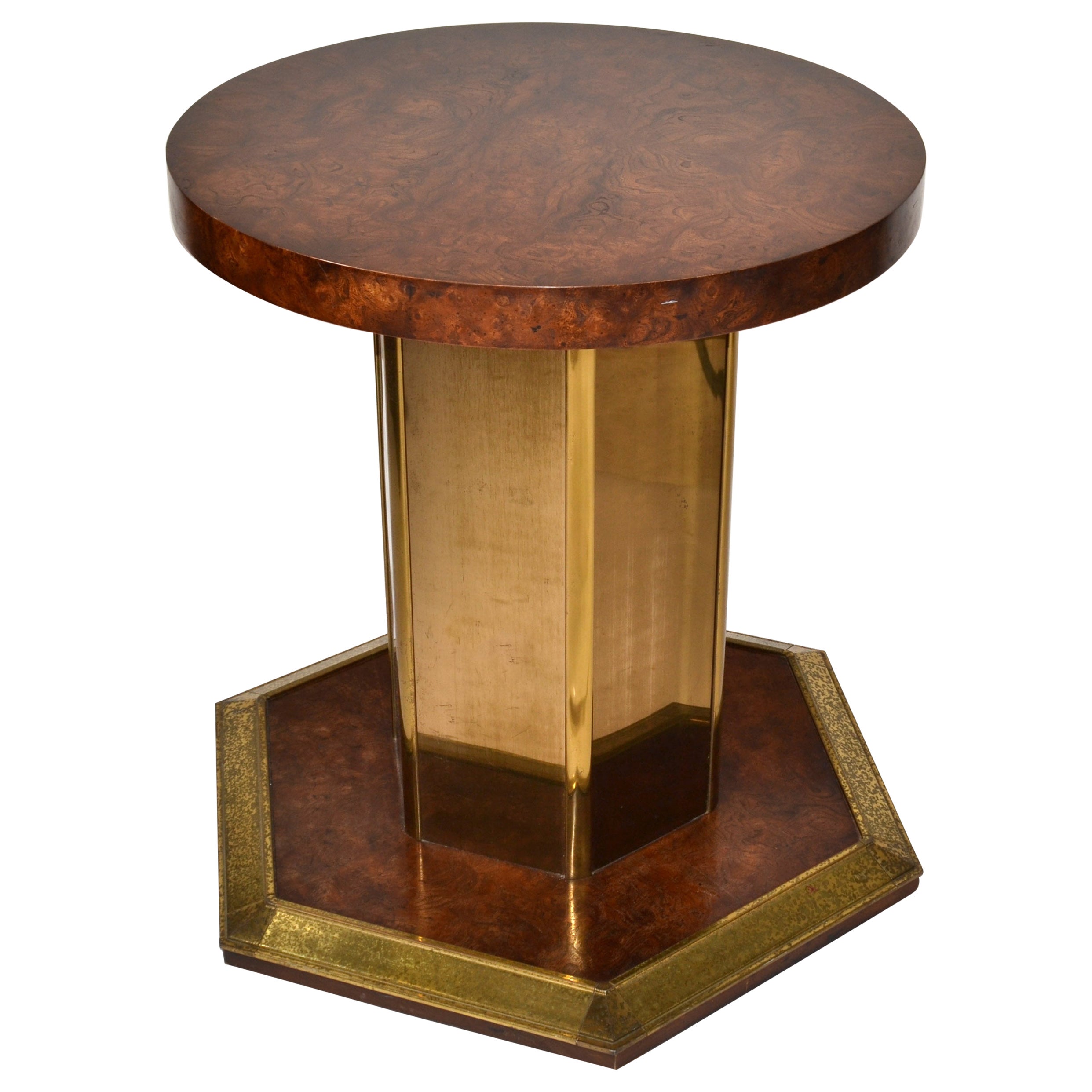 Mesa de centro / comedor redonda Henredon de latón con espejo y pedestal de madera burl