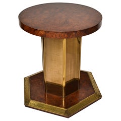 Round Henredon Brass Mirrored Glass & Burl Wood Pedestal Dining / Center Table