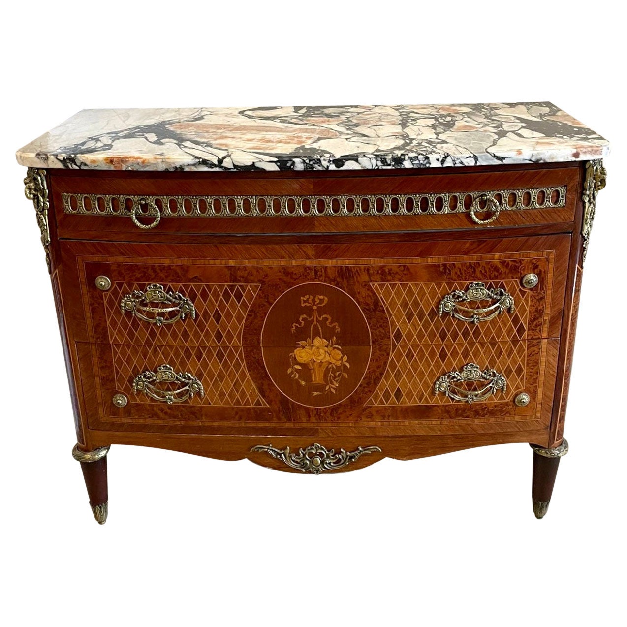 Antique Kingwood and Marquetry Inlaid Marble Top Commode/Chest of Drawers For Sale
