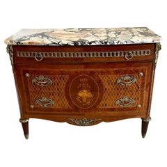 Commode ancienne en bois de roi et marqueterie avec dessus en marbre 