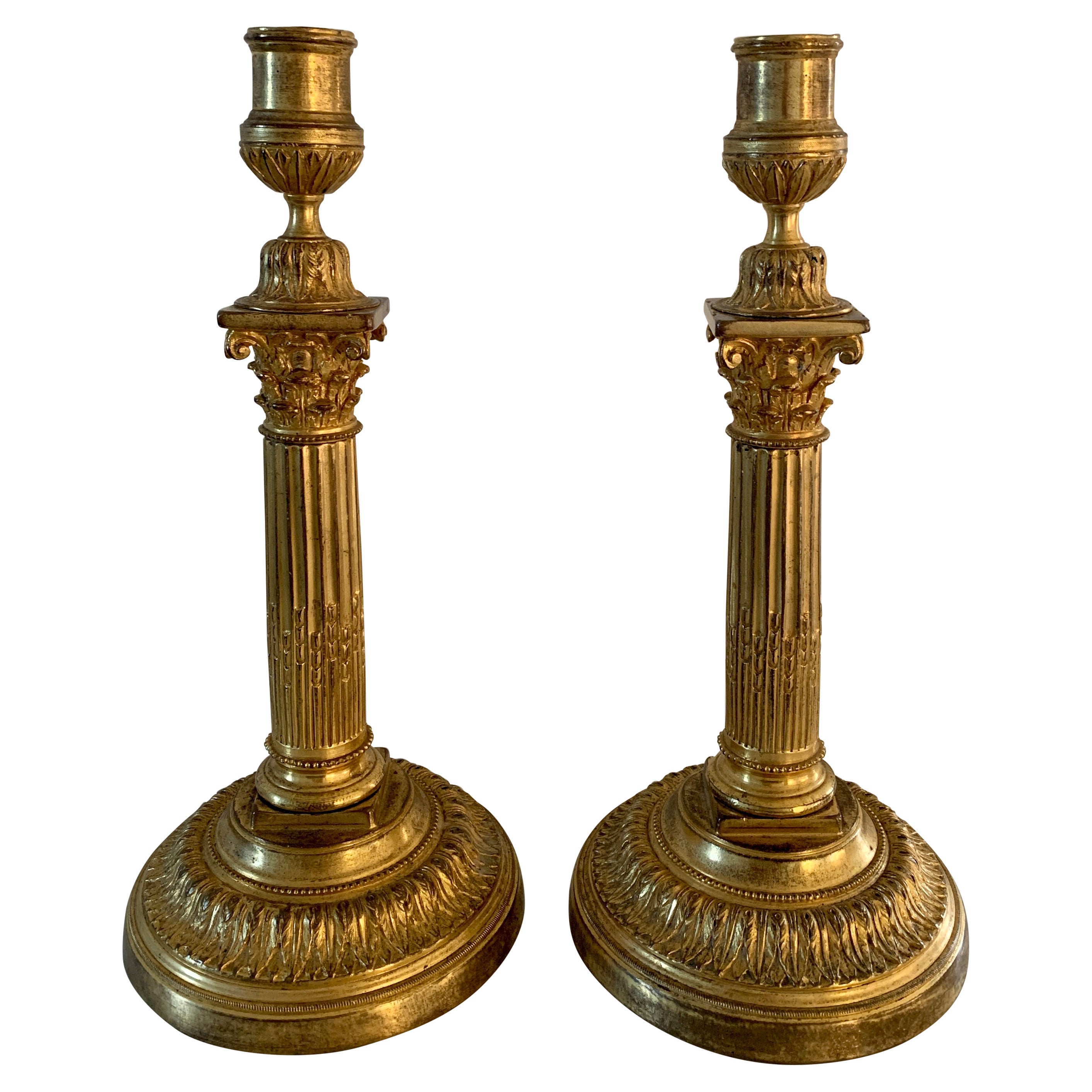 19th Century Grand Tour Italian Corinthian Column Bronze Candle Holders, Pair For Sale