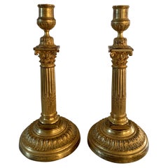 Antique 19th Century Grand Tour Italian Corinthian Column Bronze Candle Holders, Pair