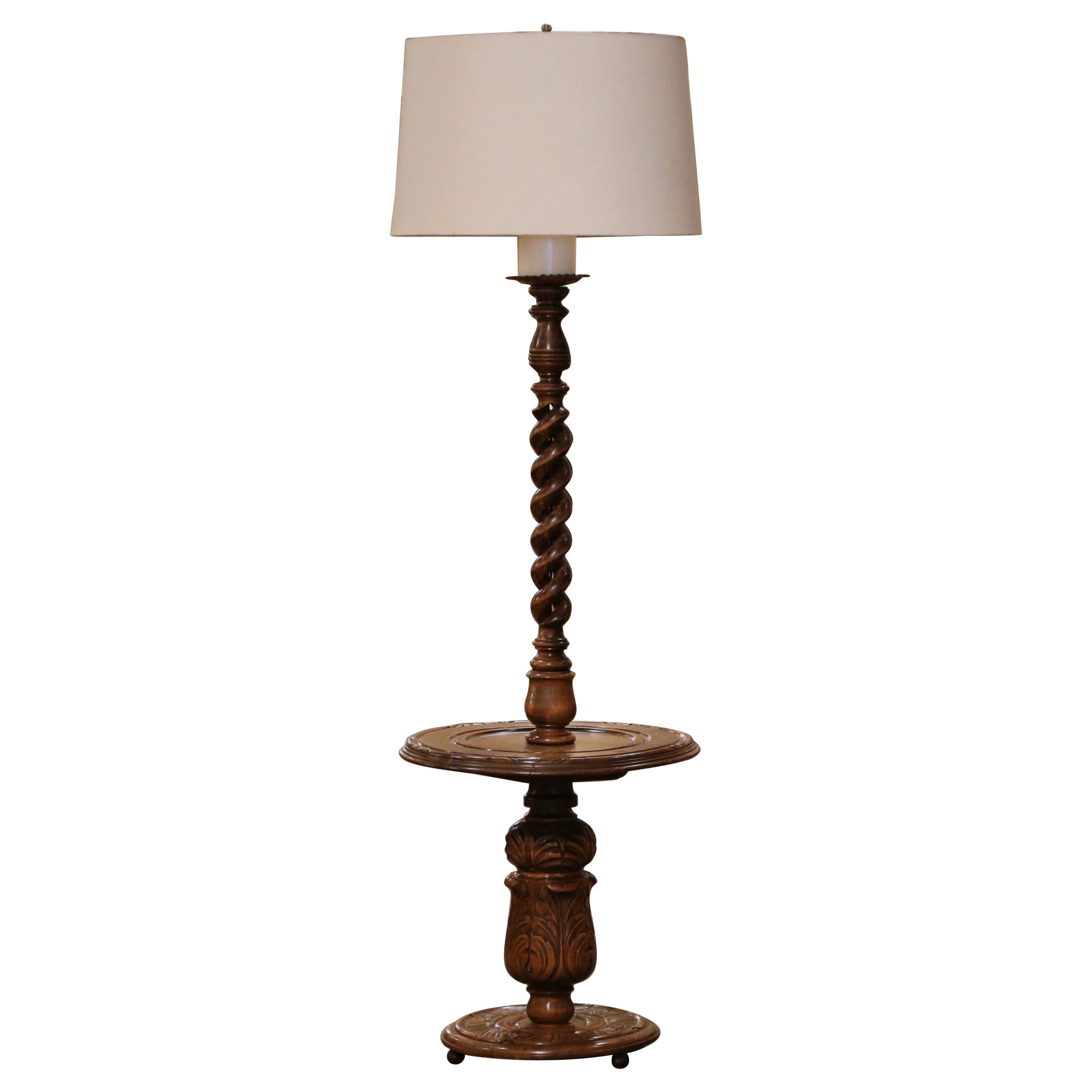 Midcentury French Carved Barley Twist Floor Lamp with Attached Table