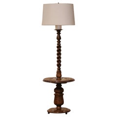 Retro Midcentury French Carved Barley Twist Floor Lamp with Attached Table