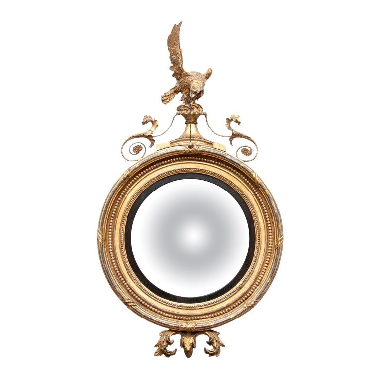 Fine Antique Convex Mirror with Eagle Crest For Sale