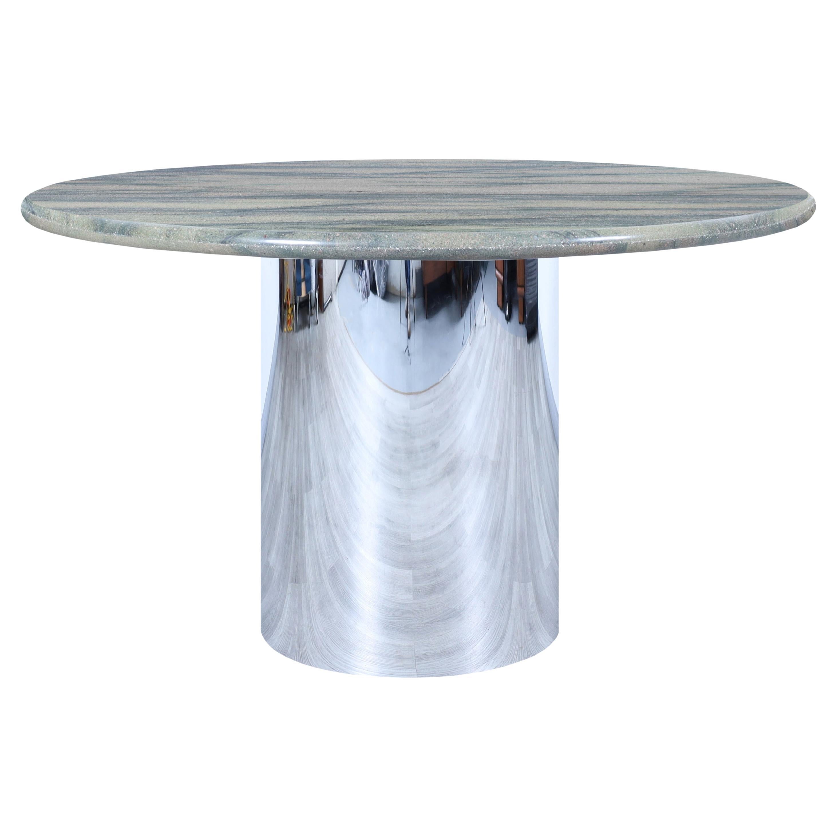 Vintage Marble and Stainless Steel Round Dining Table For Sale