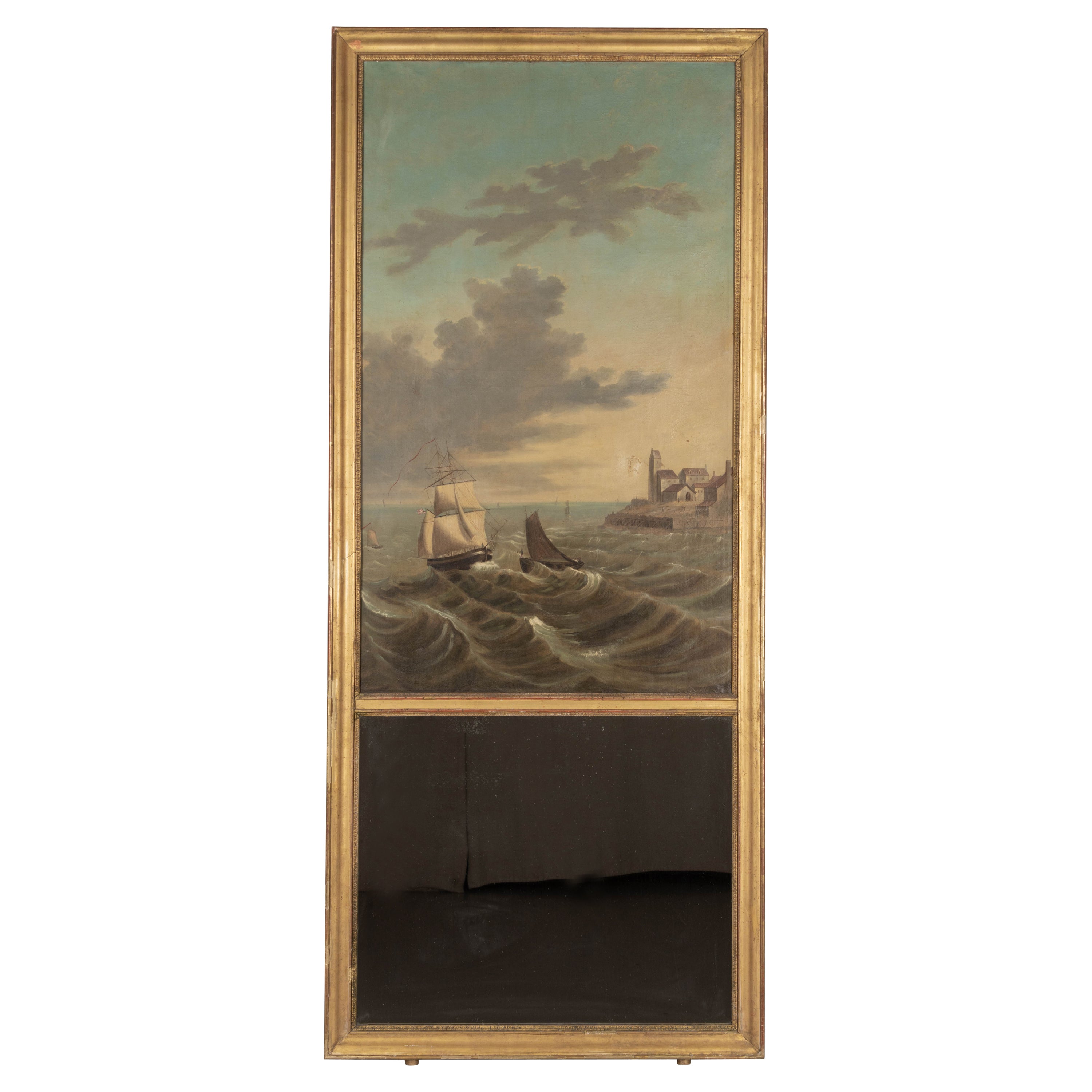 Miroir Trumeau français du 19ème siècle avec peinture de bateau  en vente