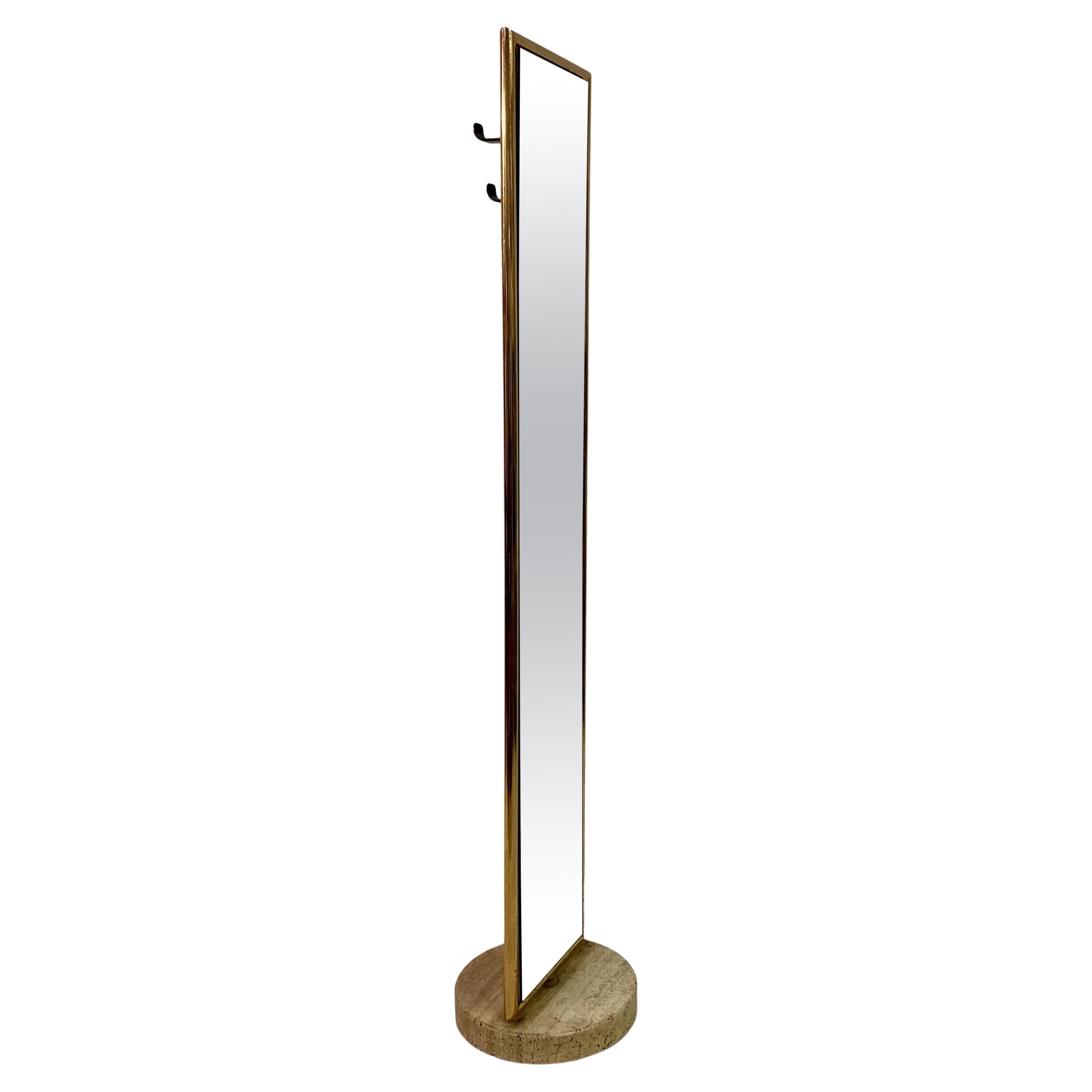 Italian Brass and Travertine Floor Standing Mirror