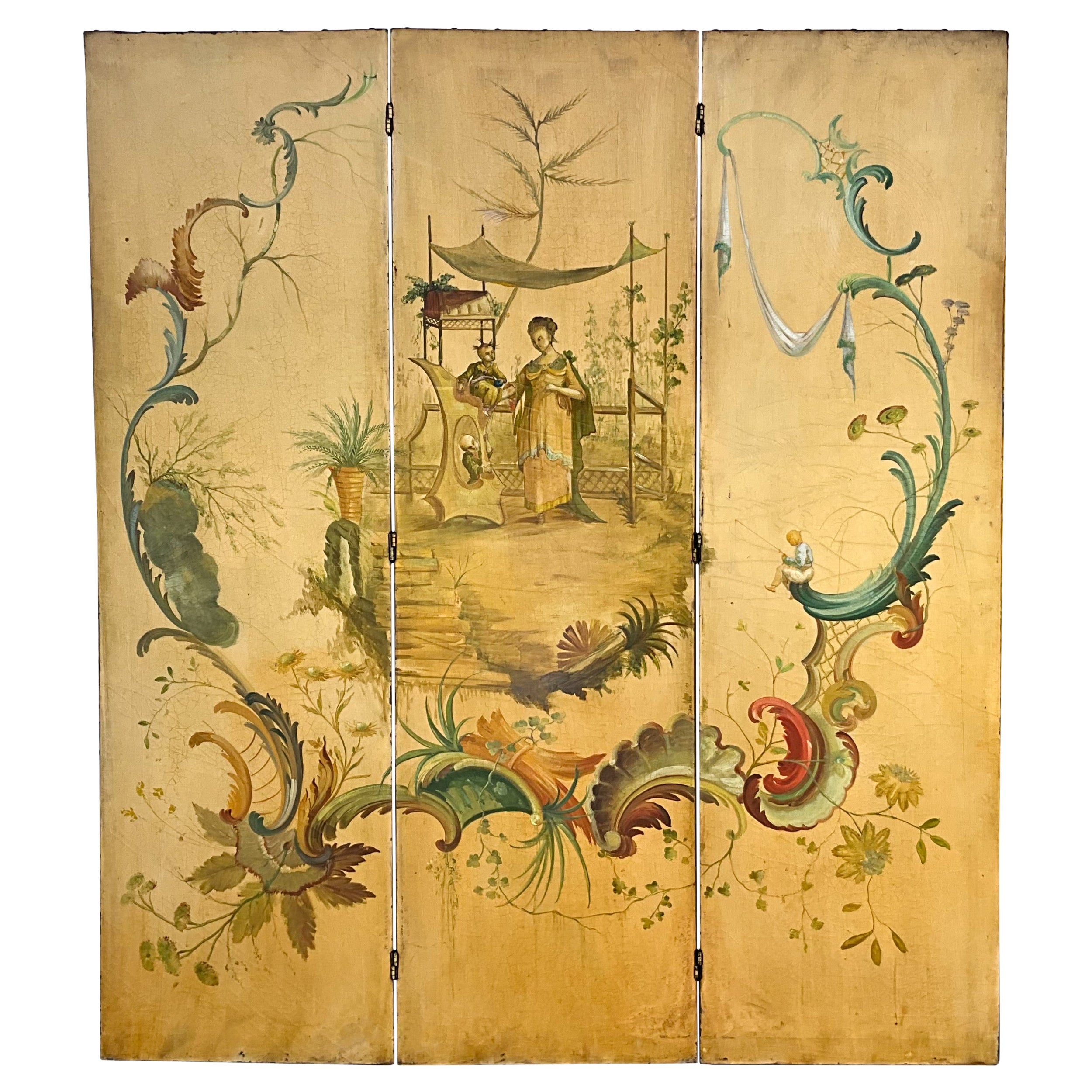 French Chinoiserie Gracie Inspired Oil On Canvas Screen / Panels / Room Divider