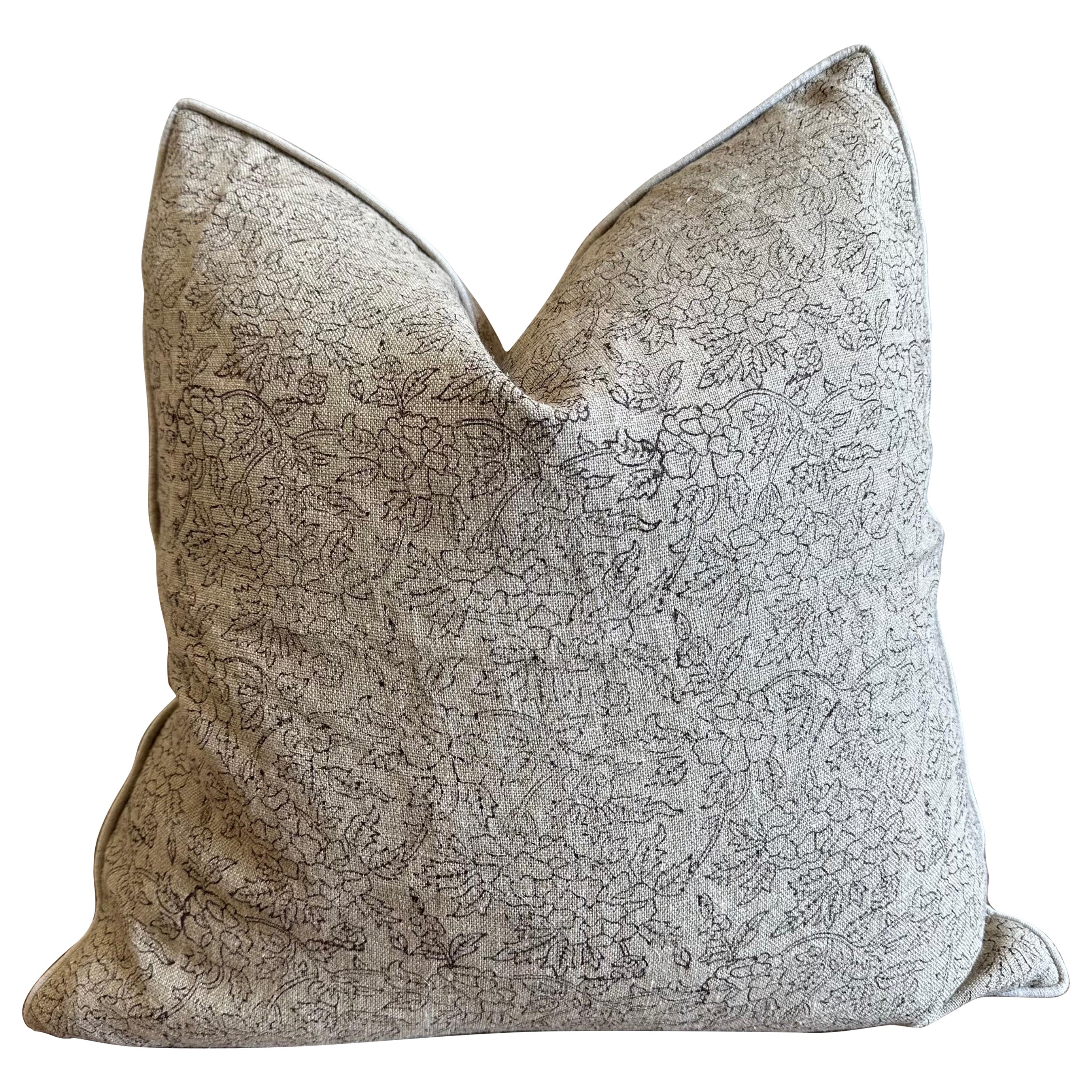 Marceline Coco Block Printed Linen Pillow with Down Feather Insert For Sale