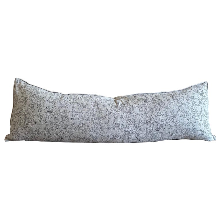 Custom Block Printed Natural Linen Lumbar Pillow Natural For Sale at