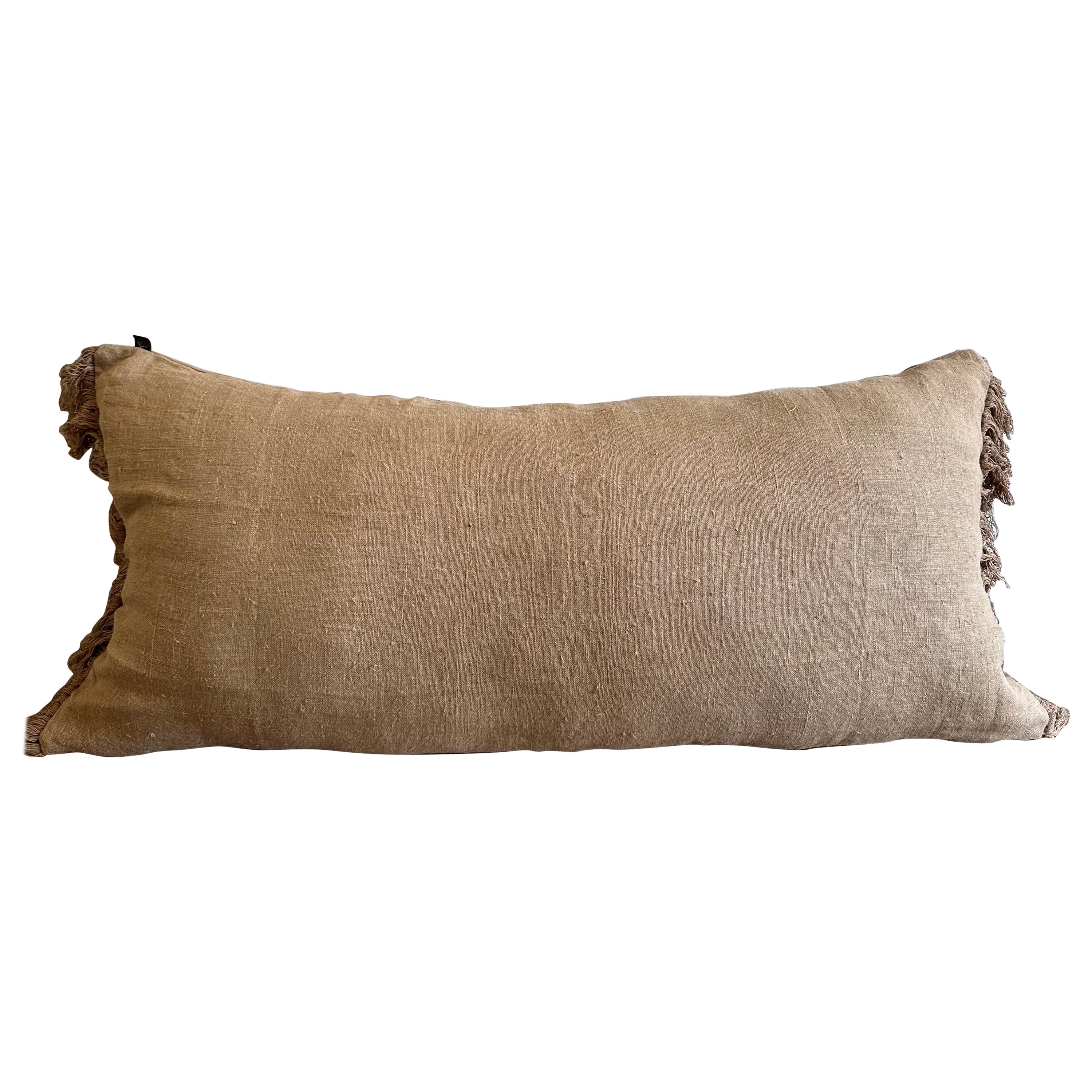 French XL King Size Lumbar Linen Pillow with Fringe Edges For Sale