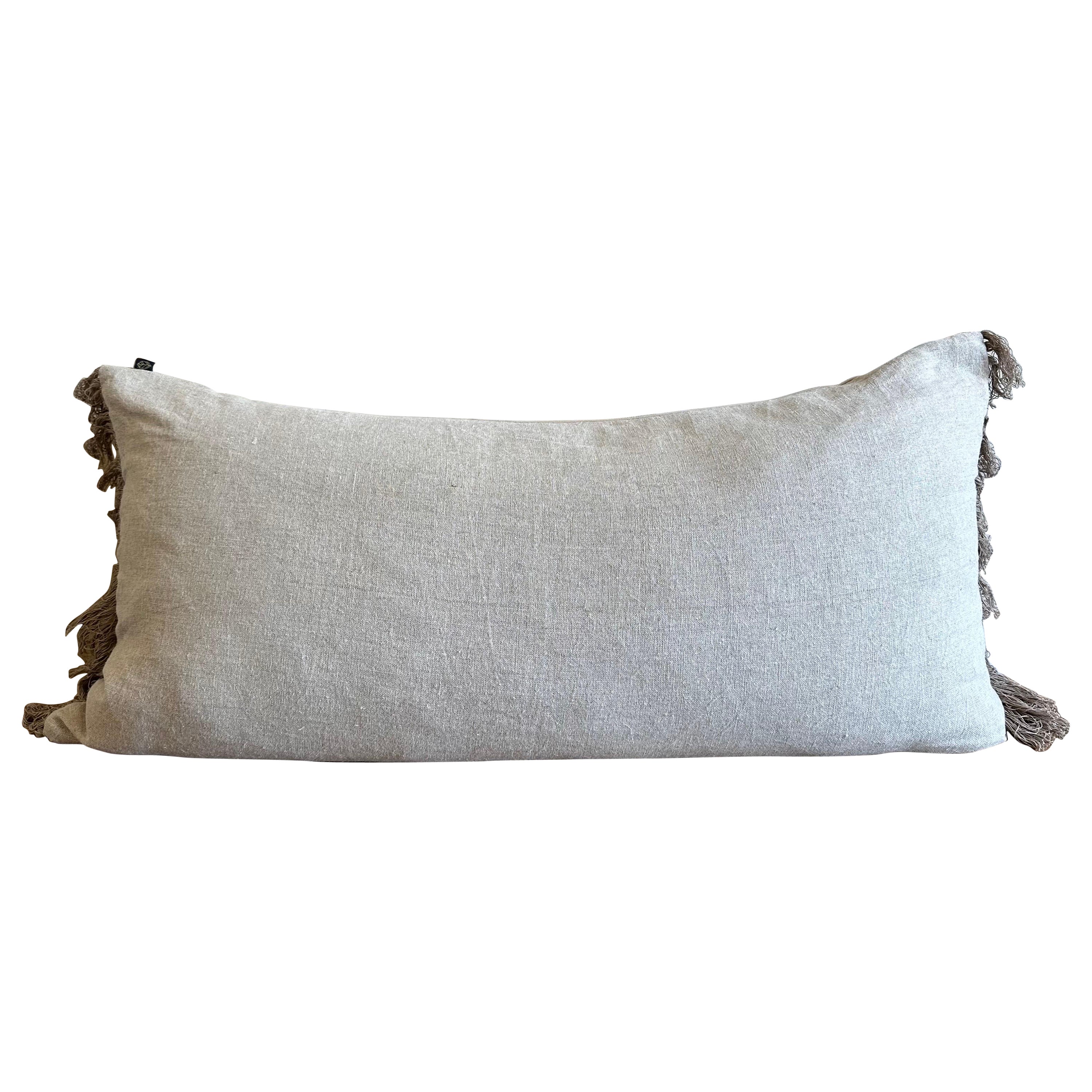 French XL King Size Lumbar Linen Pillow with Fringe Edges For Sale