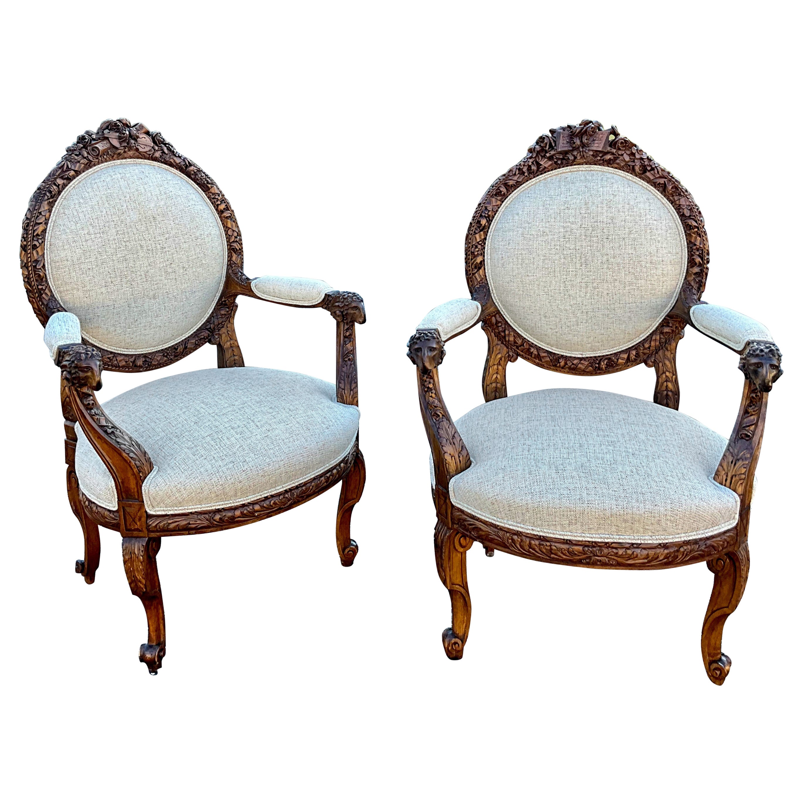 19th-C. French Neo-Classical Carved Walnut Bergere Chairs with Rams, Pair