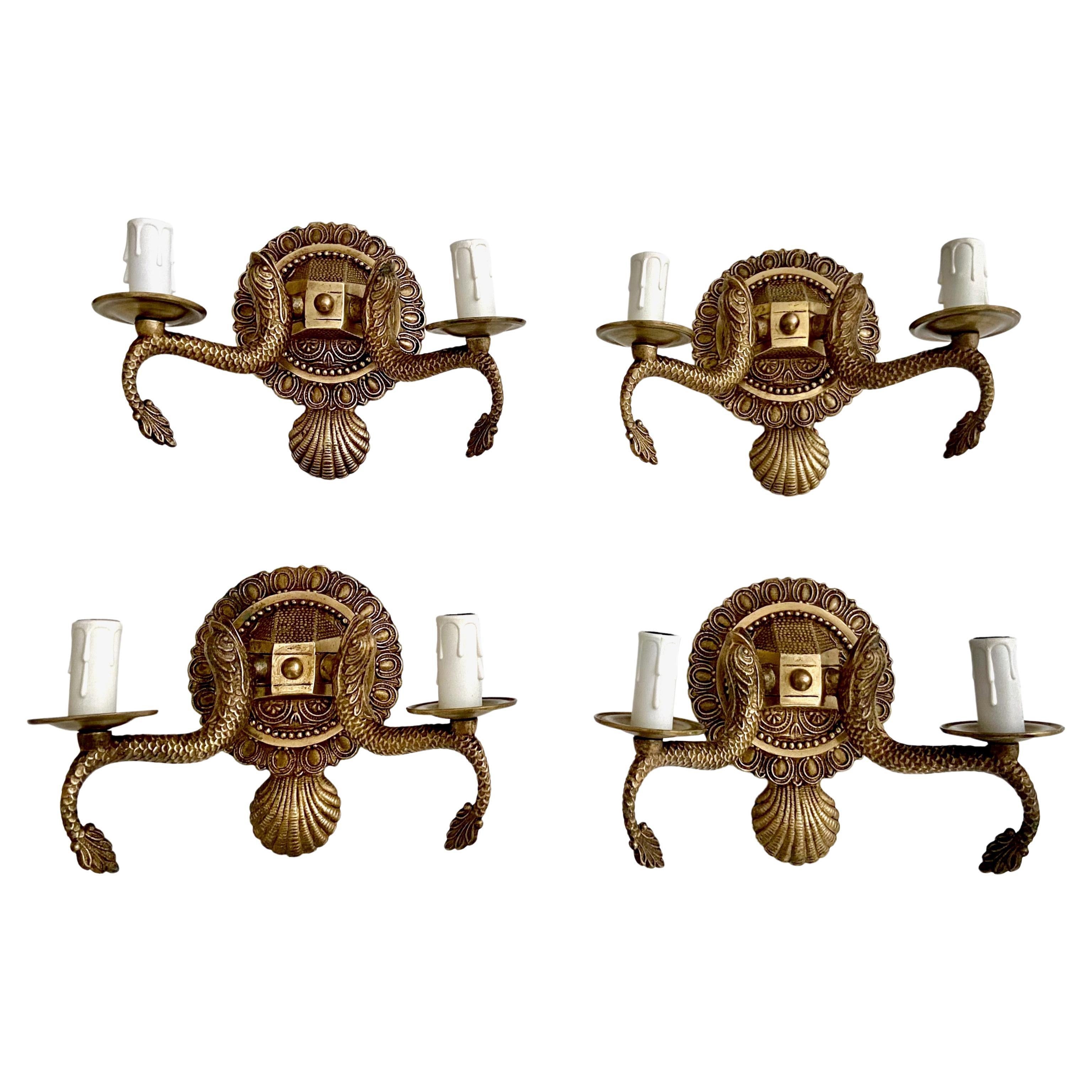 Set 4 Seashell & Dolphin Neoclassic Brass Wall Sconces For Sale