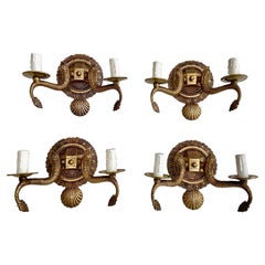 Set 4 Seashell & Dolphin Neoclassic Brass Wall Sconces