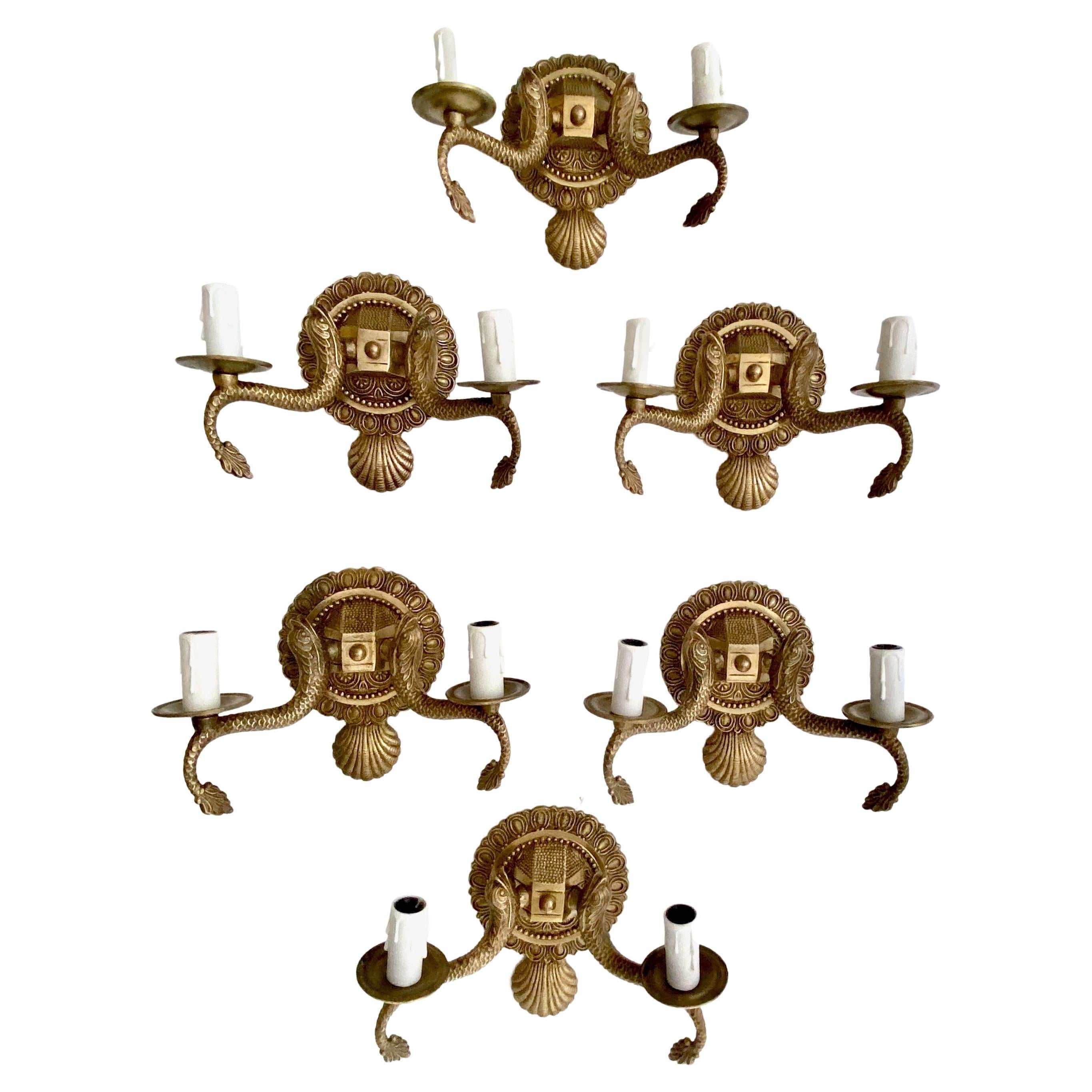 Set 6 Neoclassic Dolphin Shell Brass Wall Sconces