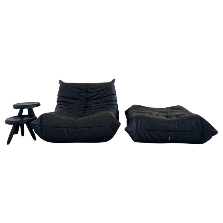 Togo Fireside Chair and Ottomain Black Leather by Michel Ducaroy for