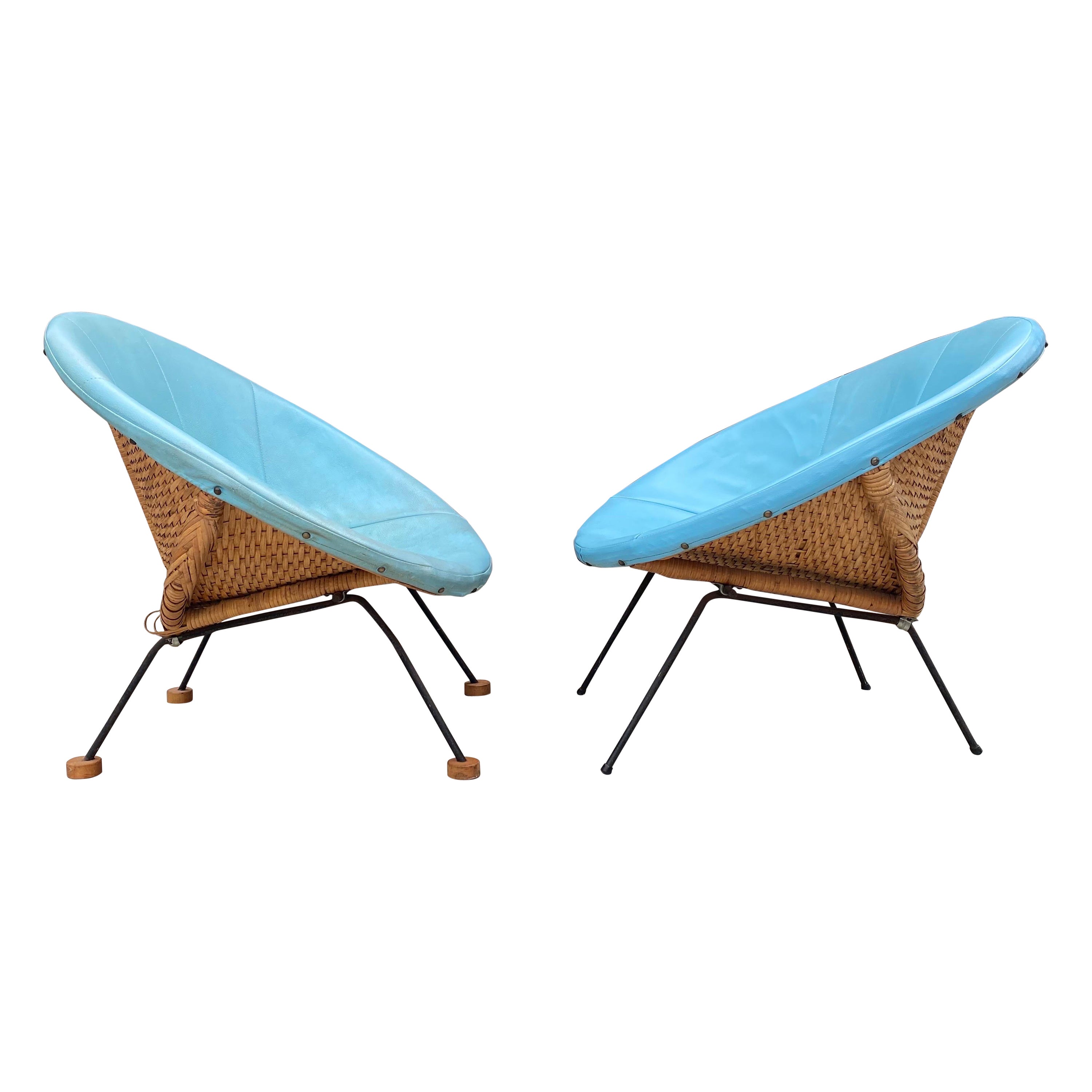 Mid-Century Modern Boho Chic Turquoise Rattan Scoop Chairs, a Pair