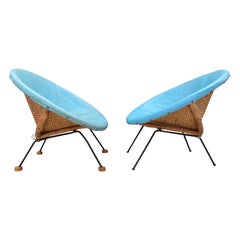 Vintage Midcentury Boho Chic Turquoise Rattan Scoop Chairs, a Pair