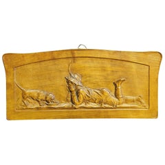 Wall Relief Wood Carving with Farmer Boy and Dachshund, circa 1900