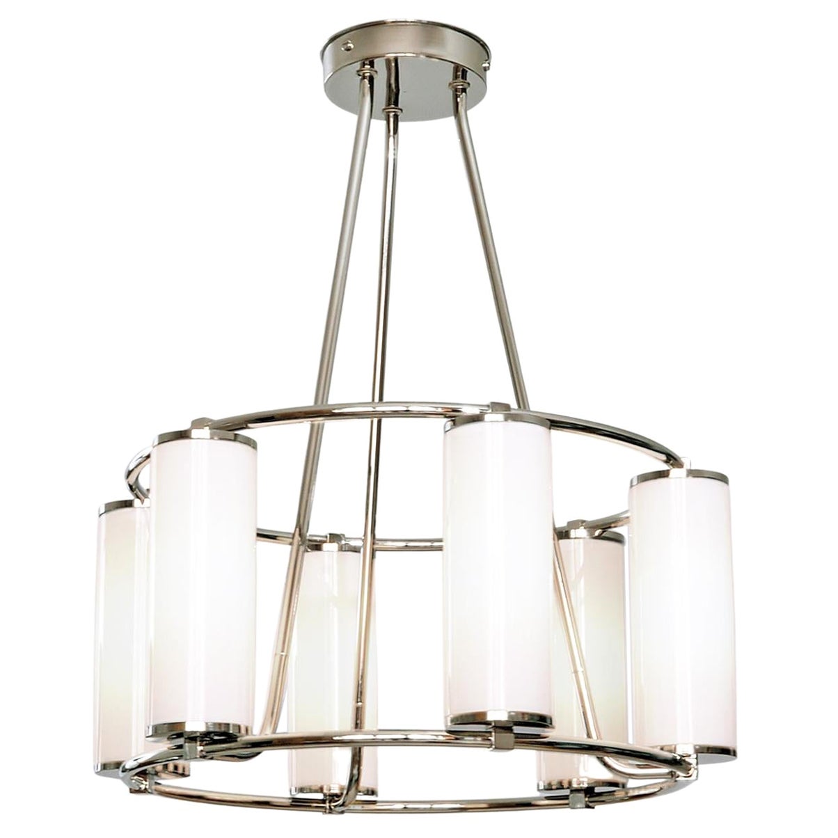 Lustre circulaire moderniste à 6 lumières, cylindres en verre nickelé, sur mesure