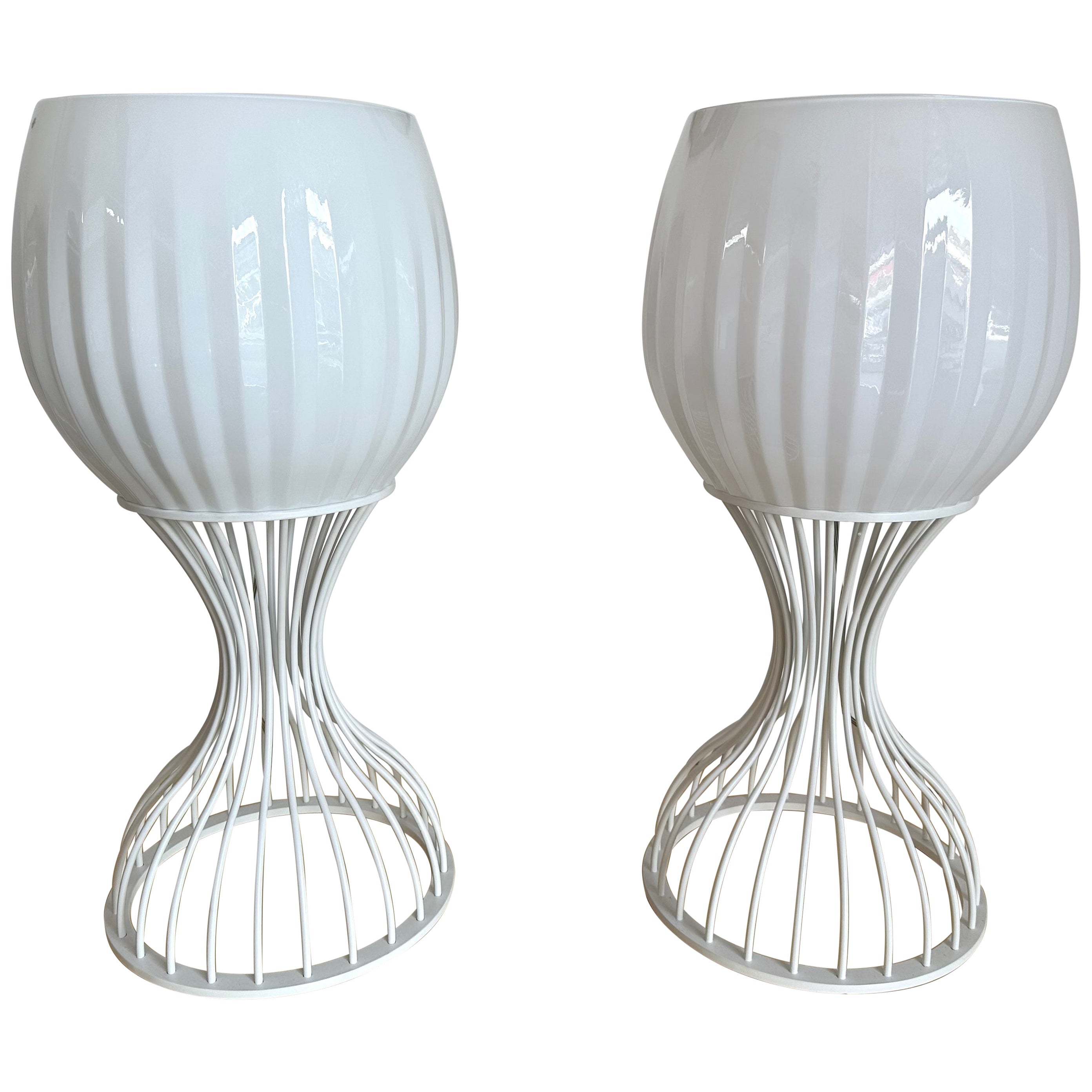 Pair of Lamps Cup Murano Glass and White Metal by Vistosi, Italy, 1990s For Sale