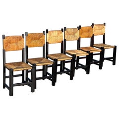 Ensemble de 6 chaises en chêne et paille de style Charlotte Perriand, 1960 