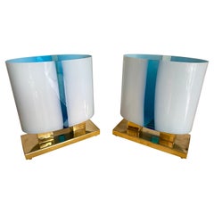 Contemporary Pair of Brass and Blue Murano Glass Lamps, Italy