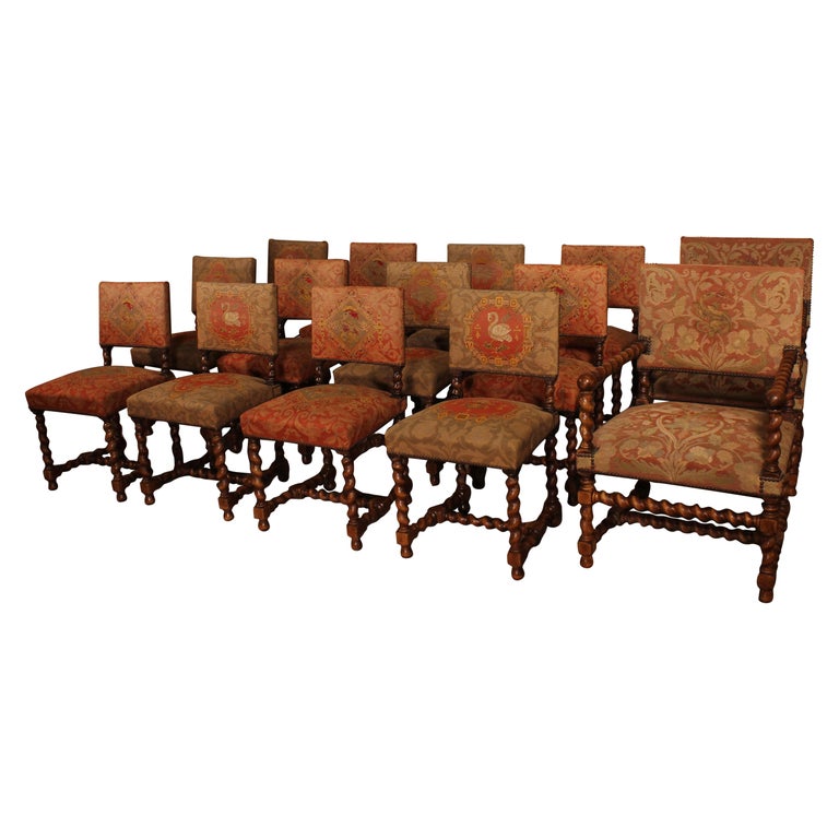 Set of 12 Chairs and 2 Armchairs Louis XIII Style in Tapestry, 19th