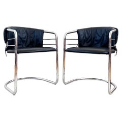 Pair of Postmodern Italian Leather and Polished Chrome Accent Sling Chairs