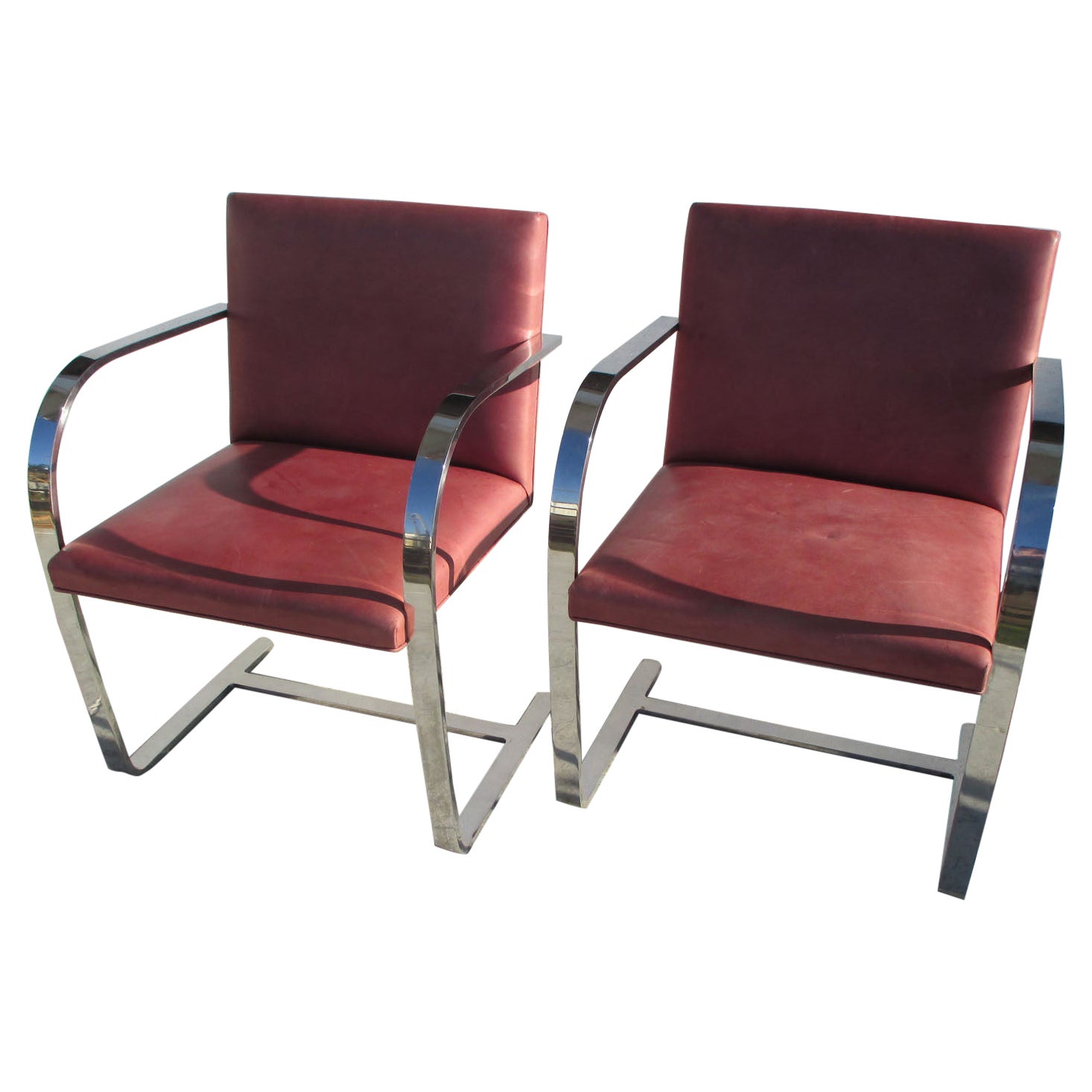 Midcentury Knoll Mies Van Der Rohe Brno Stainless Steel Flat Bar Chairs-Pair