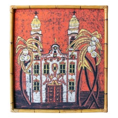 Bamboo Framed Canvas Painting of Church with Coconut Palms