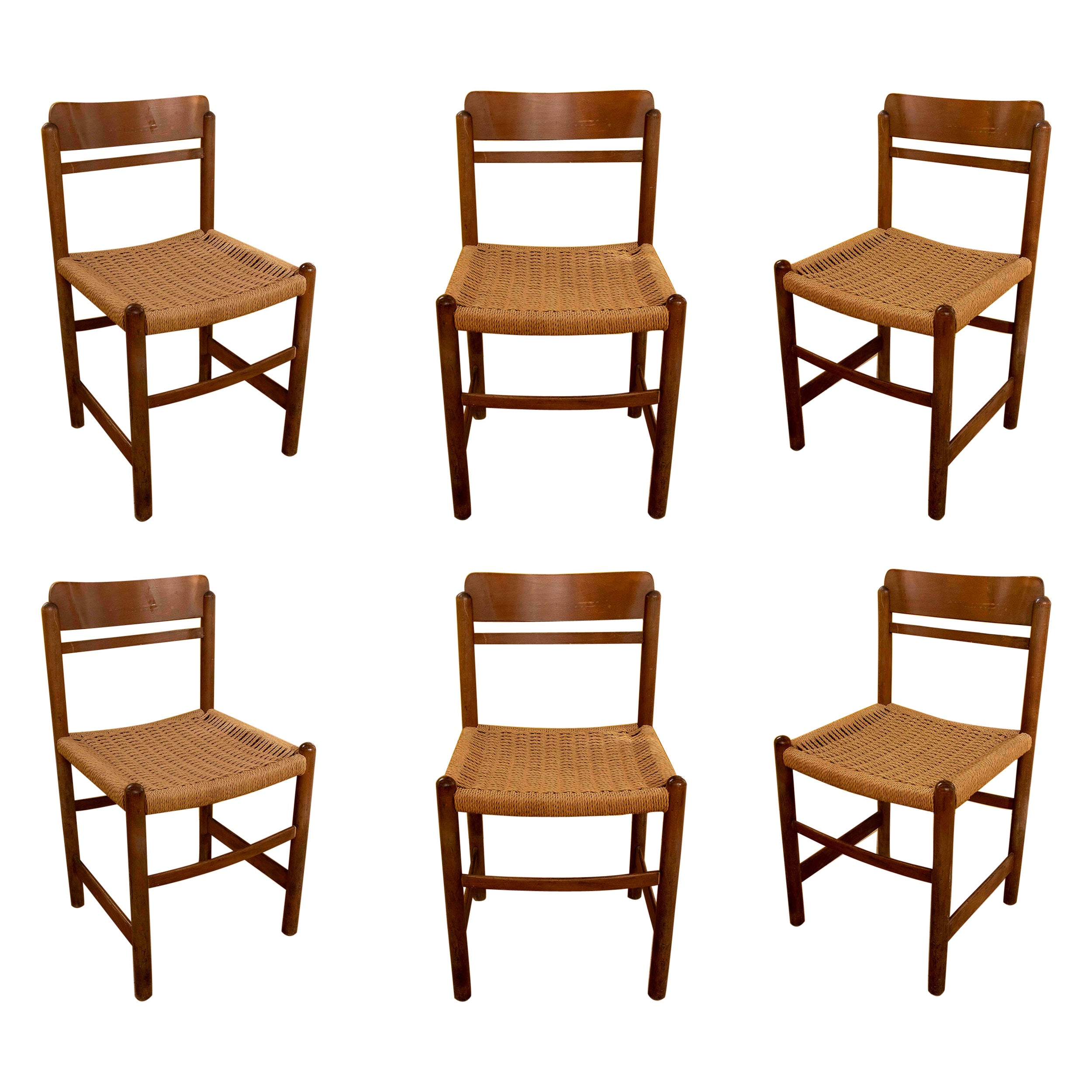 Set di sei sedie in legno con sedili in corda degli anni '70