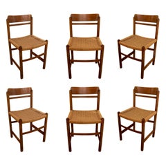 1970s Set of Six Wooden Chairs with Rope Seats 