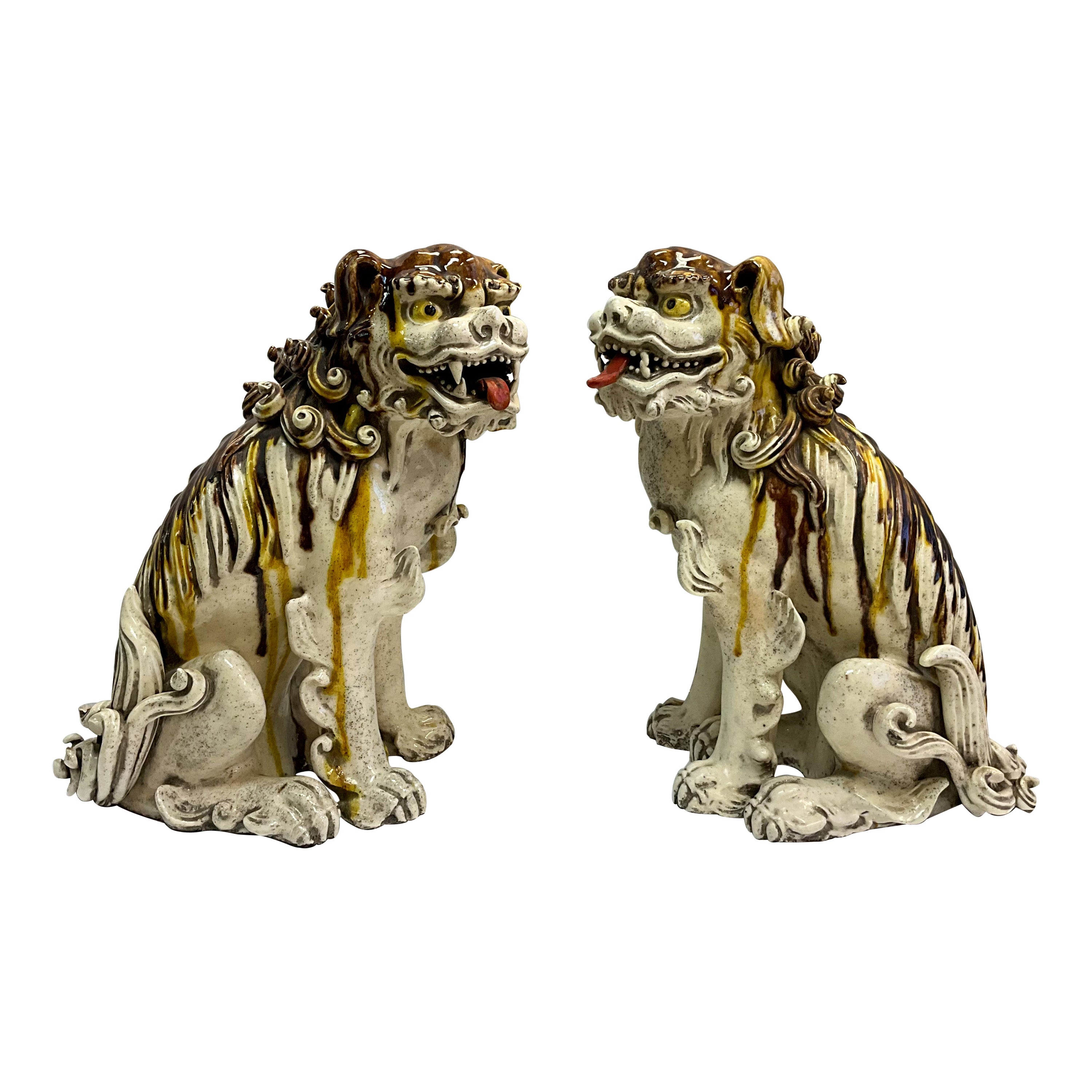 1970s Asian Chinese Export Fierce Facing Drip Glaze Pottery Foo Dogs, Pair