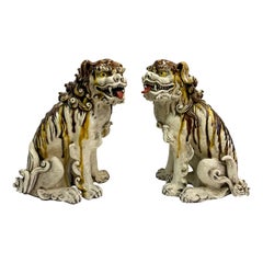 Vintage 1970s Asian Chinese Export Fierce Facing Drip Glaze Pottery Foo Dogs, Pair