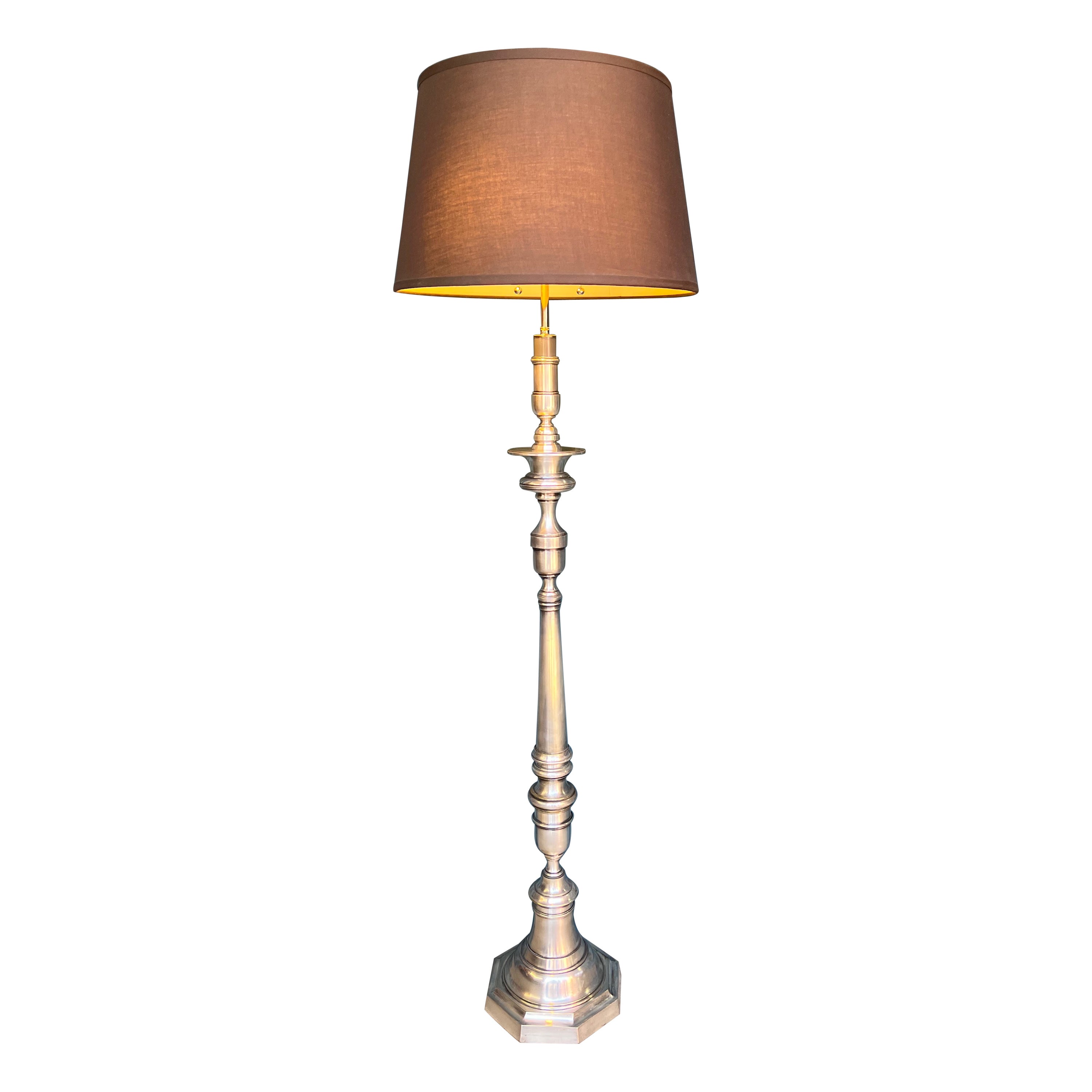 French 1940s Silver Plated Brass and Bronze Floor Lamp For Sale